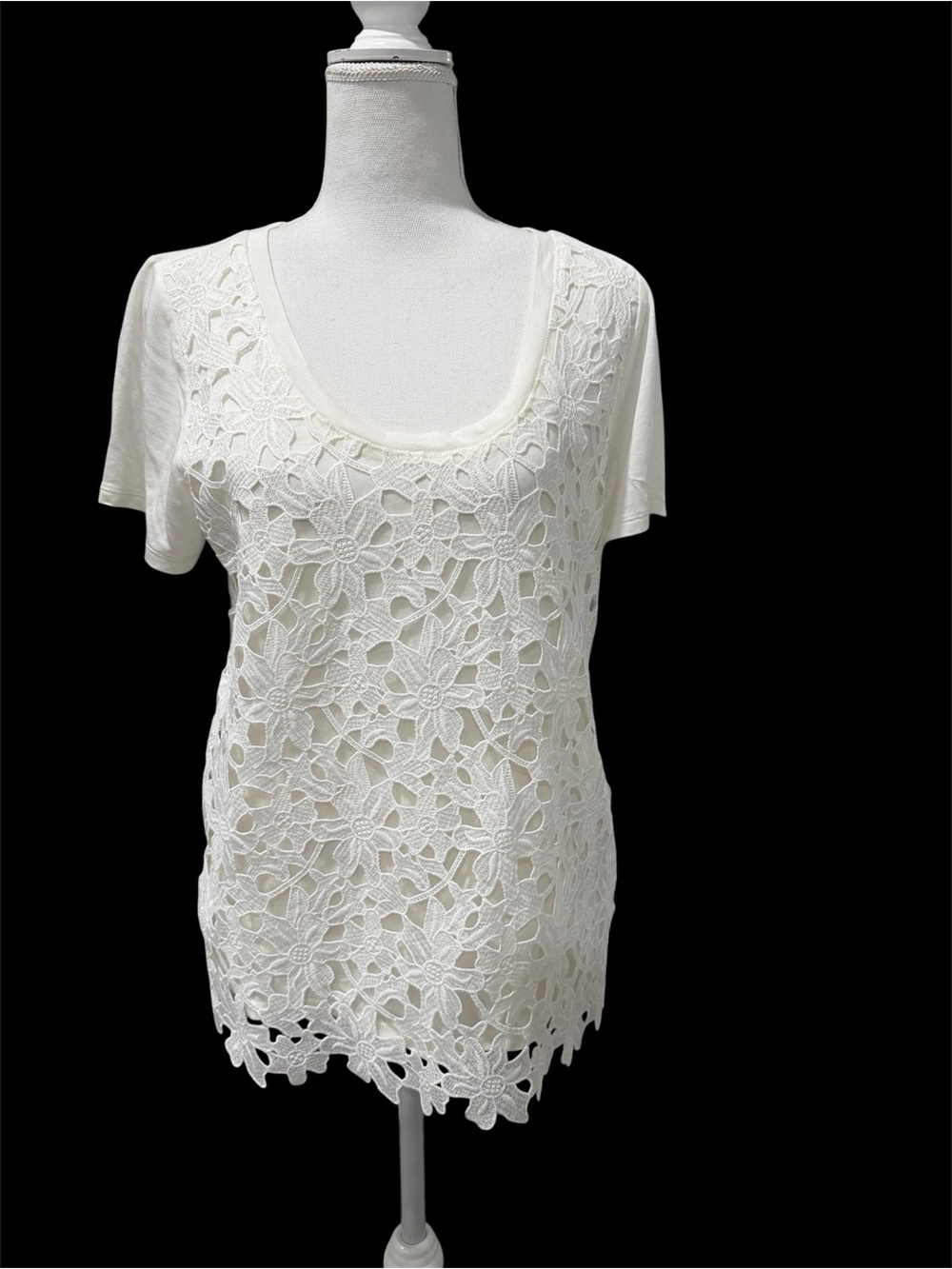 J. Crew Women's Cream Crochet Lace Overlay Tee Size M